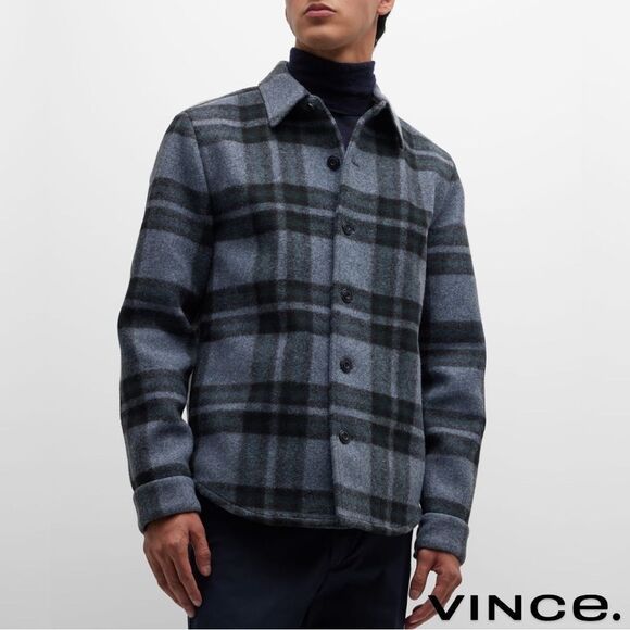 Vince **NWT** Heavy Knit Brushed Flannel Plaid Shirt Jacket in Heather Blue - Picture 8 of 16
